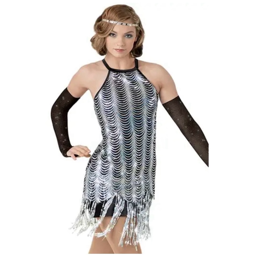 Weissman | Charleston Sequin Fringe Flapper Dress Silver and Black, Size MA